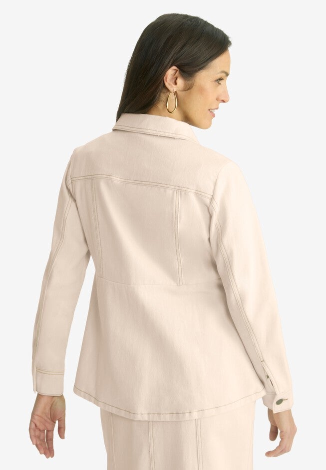 Contrast Stitch Peplum Denim Jacket, OATMEAL, on-hover image number 1