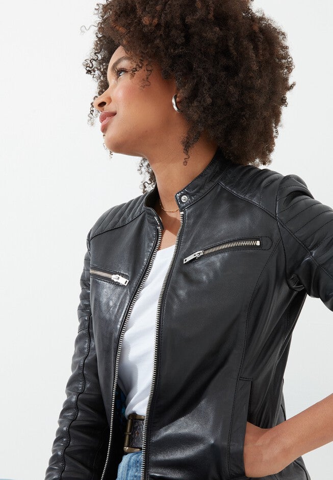 Leather Zip Biker Jacket, BLACK, on-hover image number null