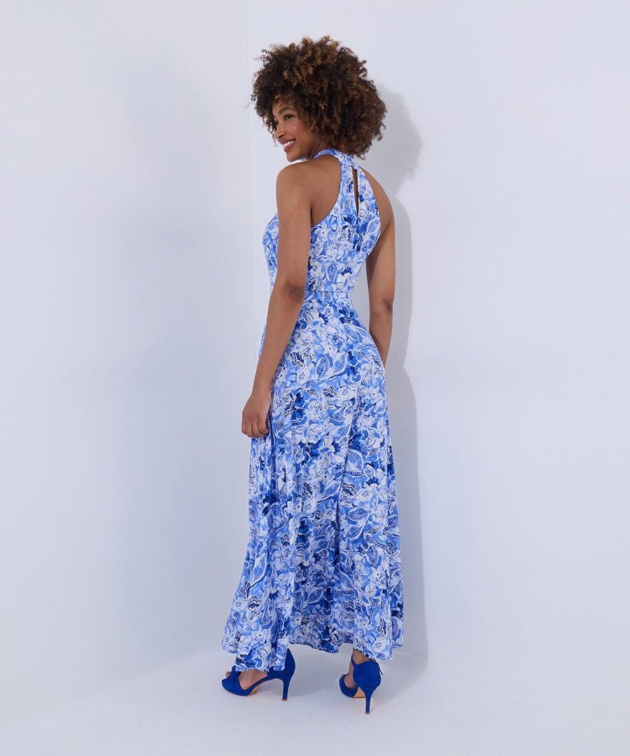 Floral Print Halter Dress, BLUE WATERCOLOR FLORAL, alternate image number 3