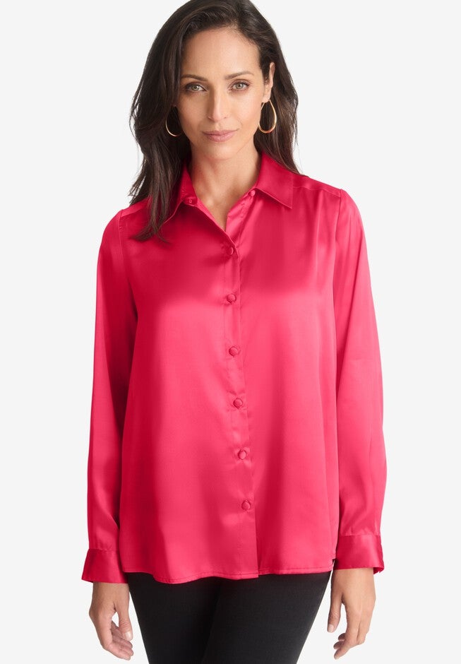 SATIN BOYFRIEND SHIRT, TULIP RED, hi-res image number 0