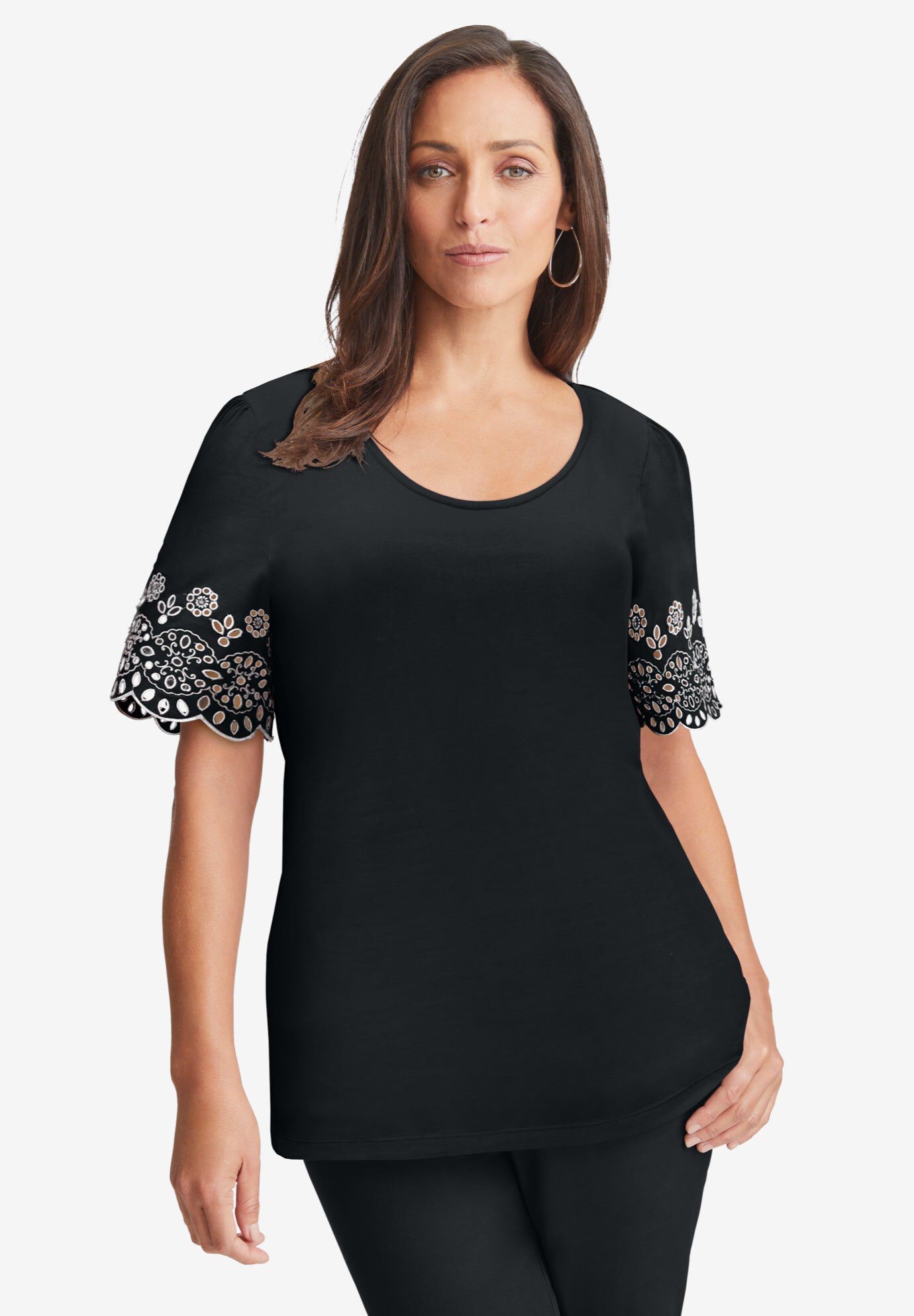 Eyelet Scoop-Neck Tee, BLACK MEDALLION EMBROIDERY, hi-res image number 0