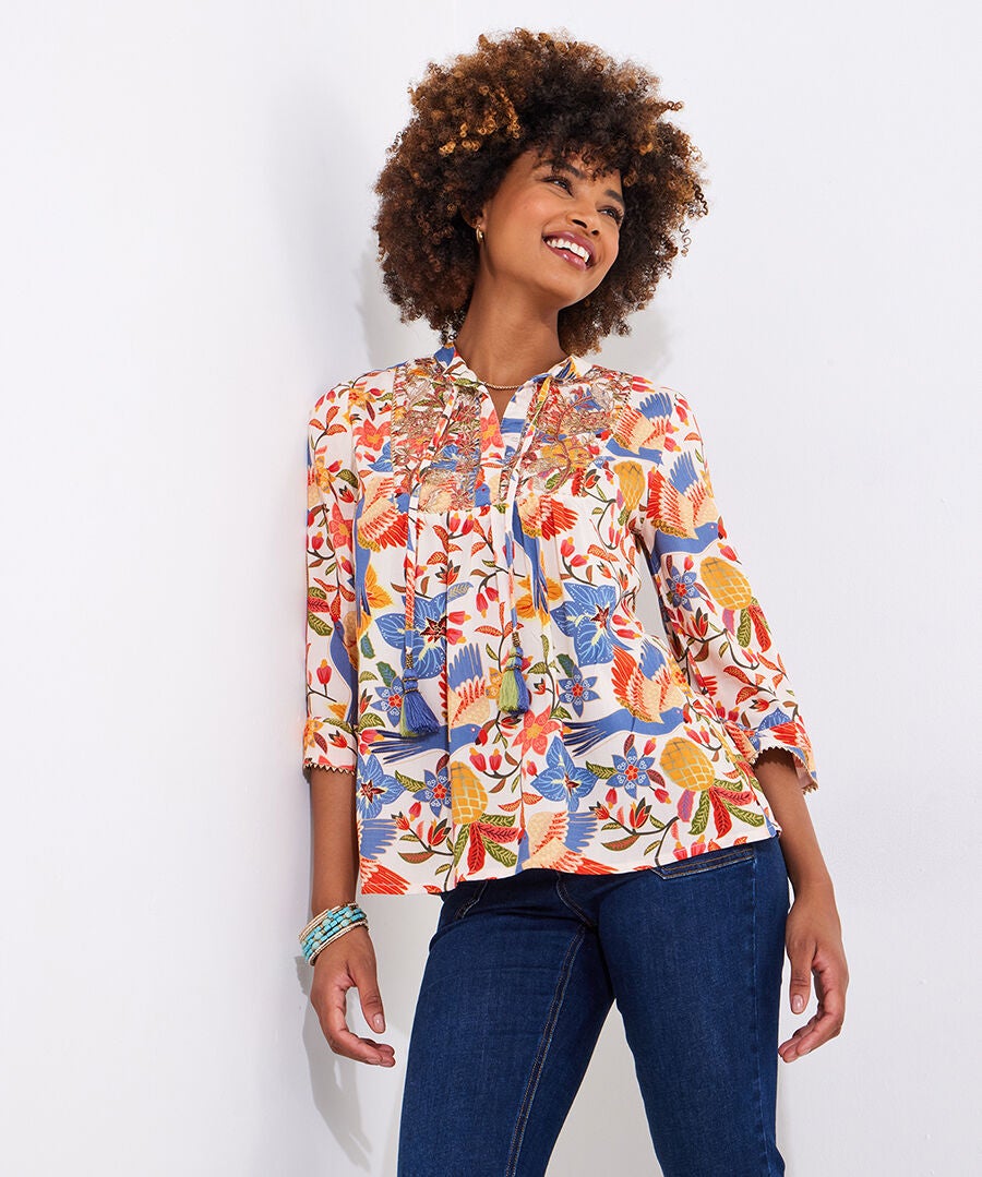 Boho Embroidered Blouse, PEACH ABSTRACT FLORAL, alternate image number 3