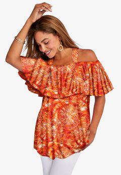 Stretch Knit Cold Shoulder Ruffle Tunic