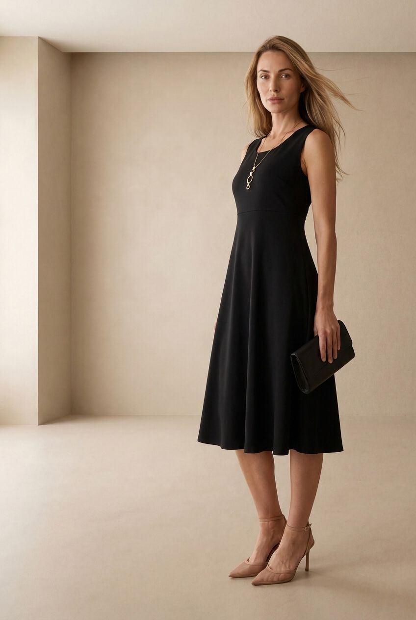 Bi-Stretch Fit and Flare Dress, BLACK, on-hover image number 1