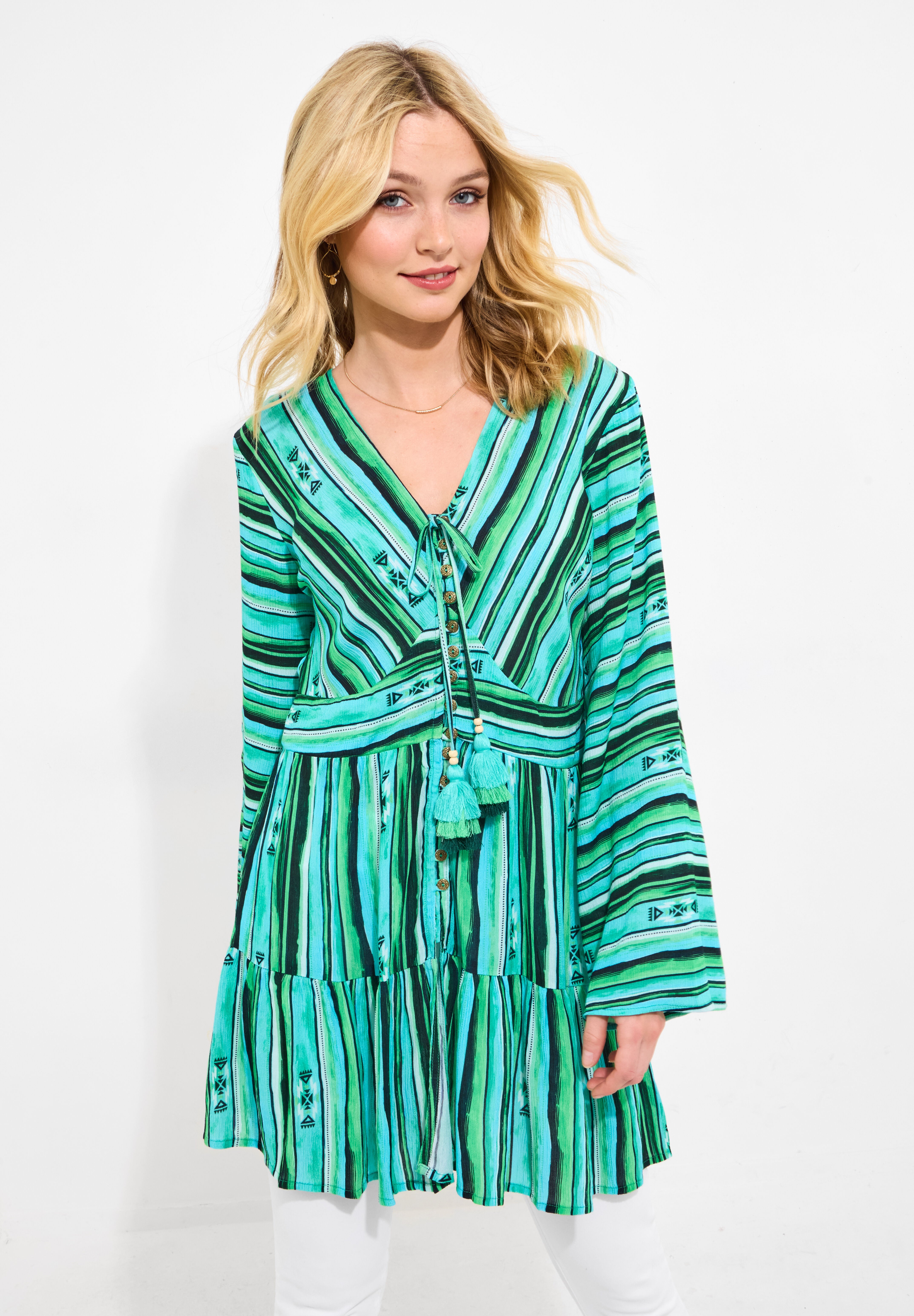 Boho Slit Front Tunic, GEO STRIPES, on-hover image number 1