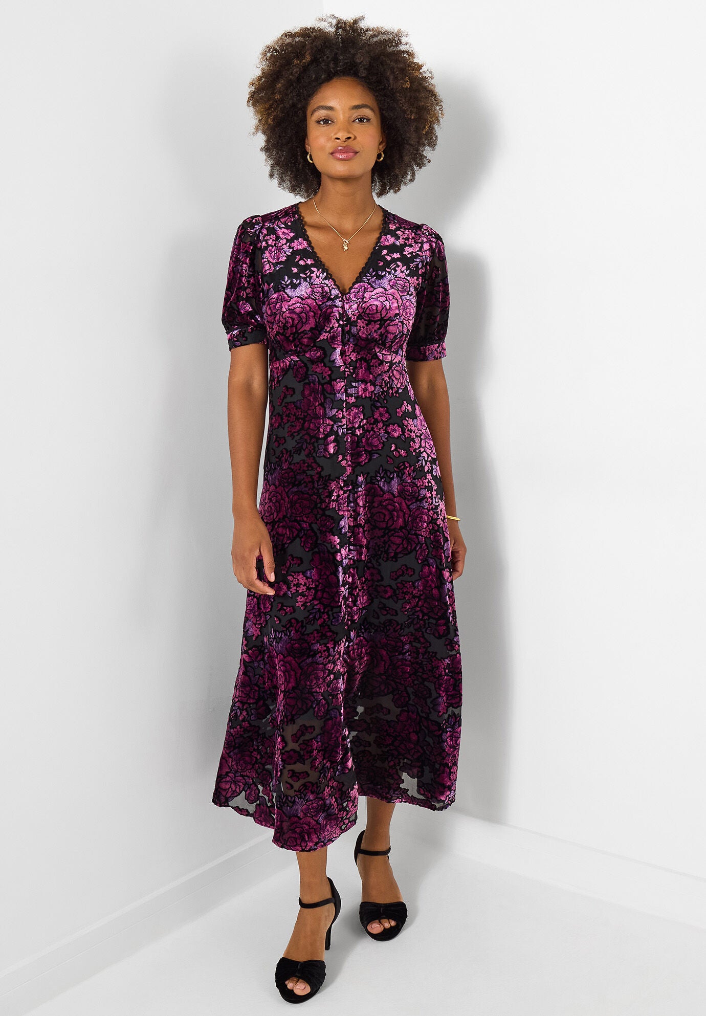 Burnout Velvet V-Neck Midi Dress, PURPLE BURNOUT BLOOM, on-hover image number 1