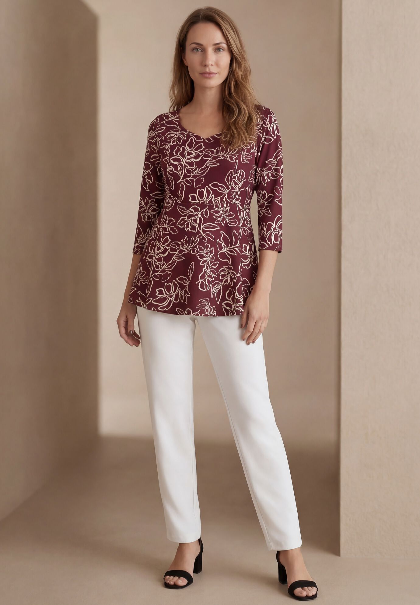 Knit Crepe Sweetheart Neckline Peplum Top, BURGUNDY FLORAL, hi-res image number 0