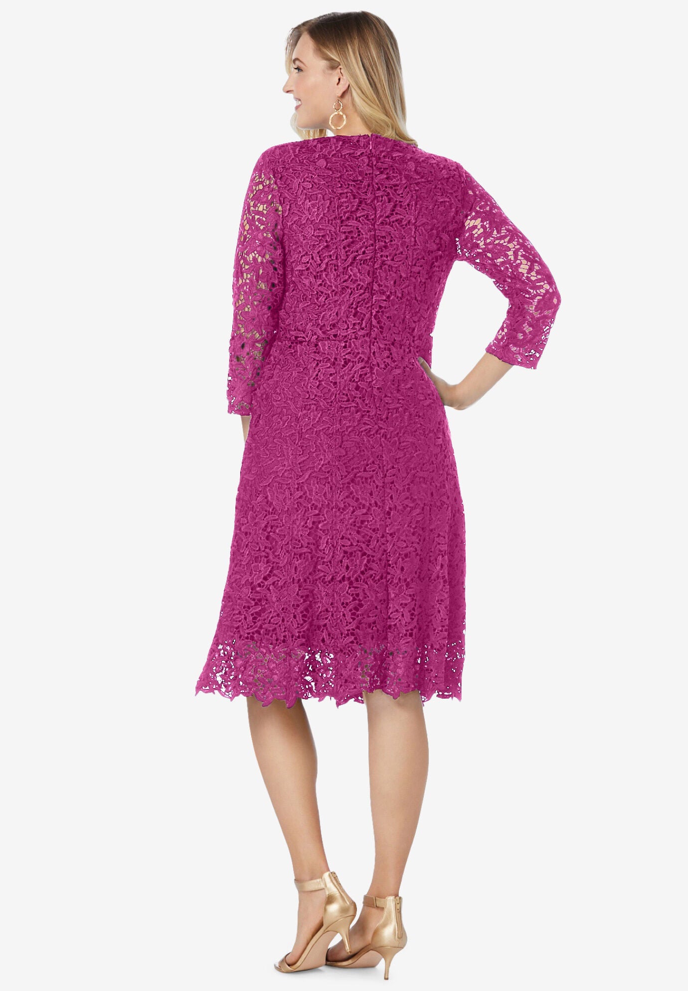 Lace Fit & Flare Dress - 3/4 Sleeve, Back Zipper, Dark Berry | Woman Within