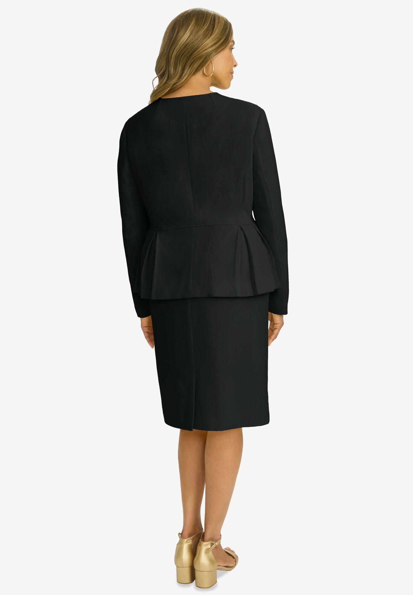 Collarless Peplum Skirt Suit, BLACK, on-hover image number 1