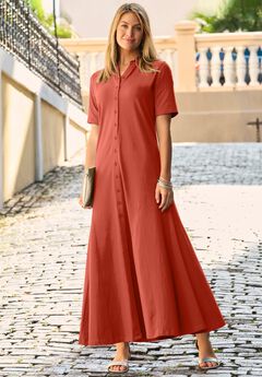 Stretch Cotton Button Front Maxi Dress