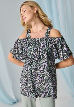 Stretch Knit Cold Shoulder Ruffle Tunic