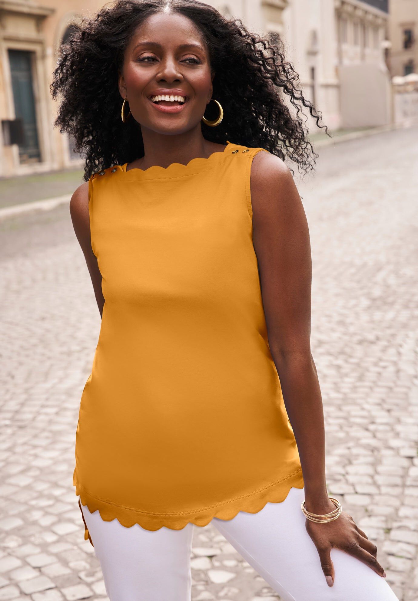 Sleeveless Scallop Boatneck Tee, RICH GOLD, hi-res image number 0