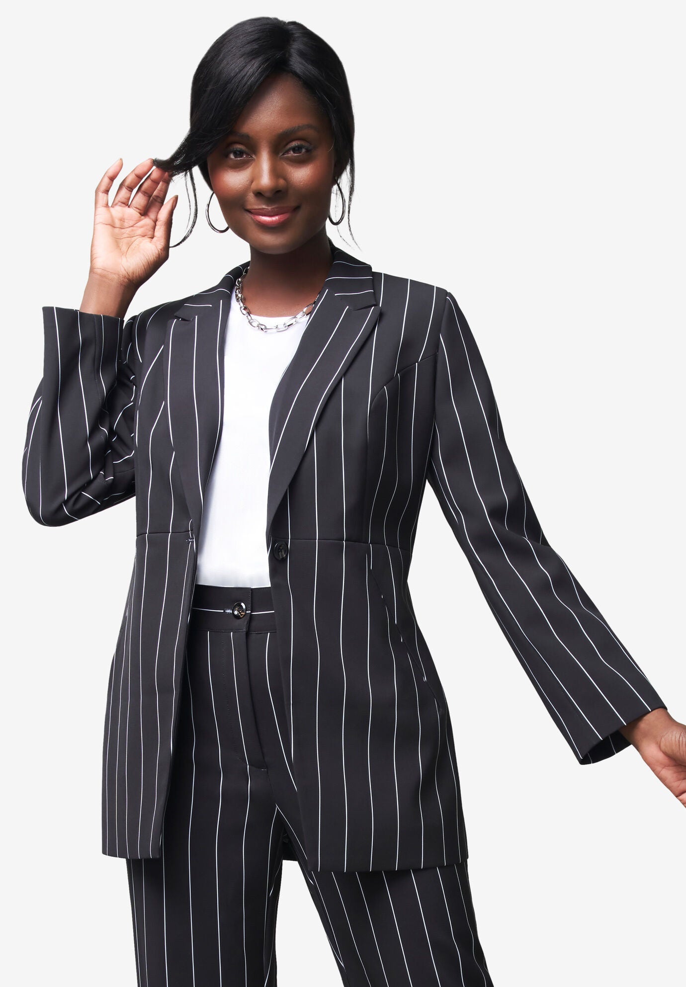 Office Ready Blazer Bi Stretch Style Black Pinstripe Woman Within