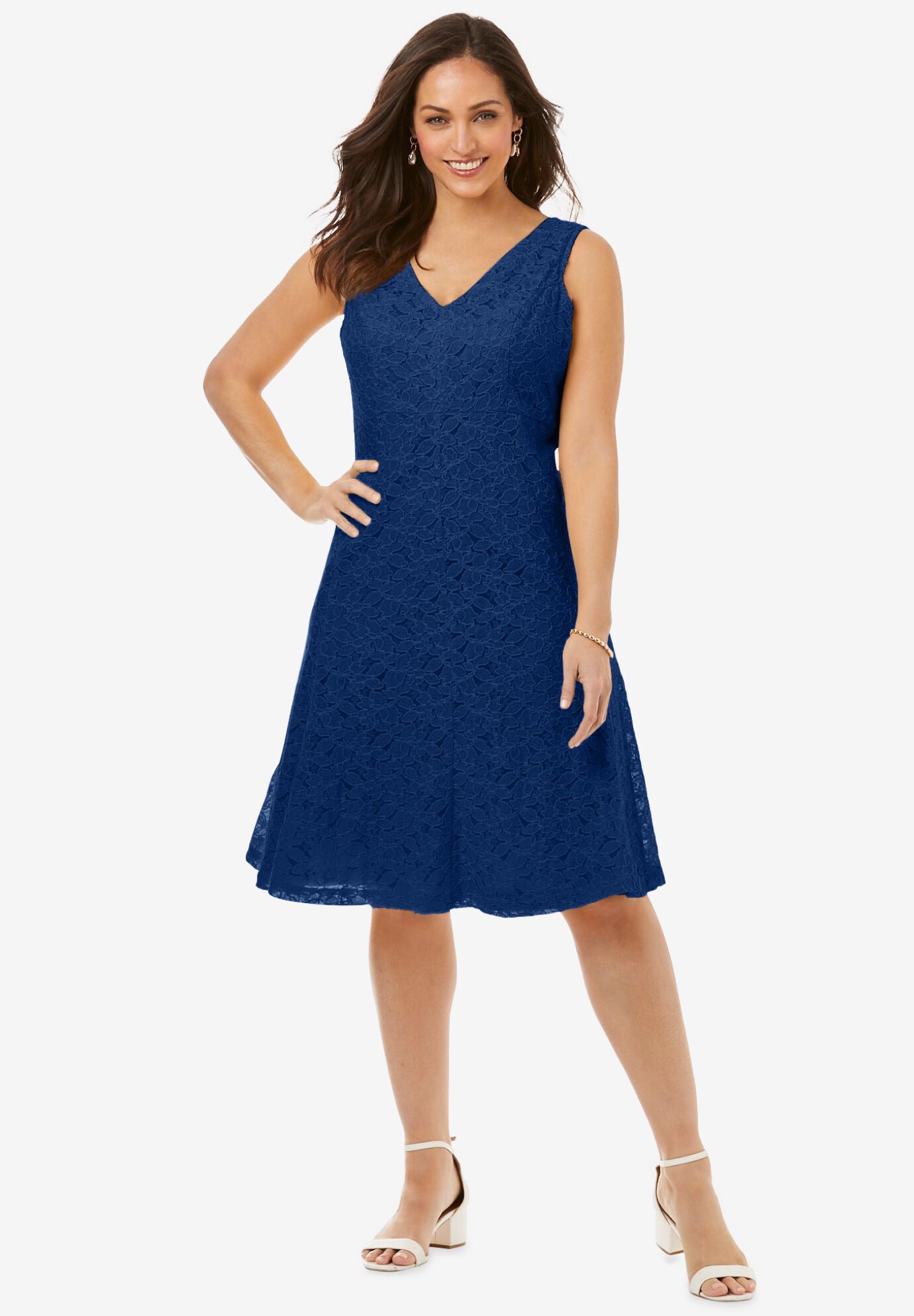 Lace Dress for Plus Sizes Flared Empire Style Evening Blue