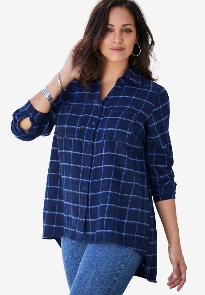 Long Sleeve Flannel Shirt, NAVY BI WINDOWPANE, hi-res image number 0