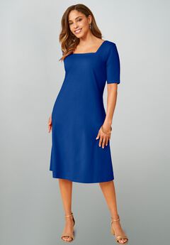 Stretch Cotton Square Neck Midi Dress