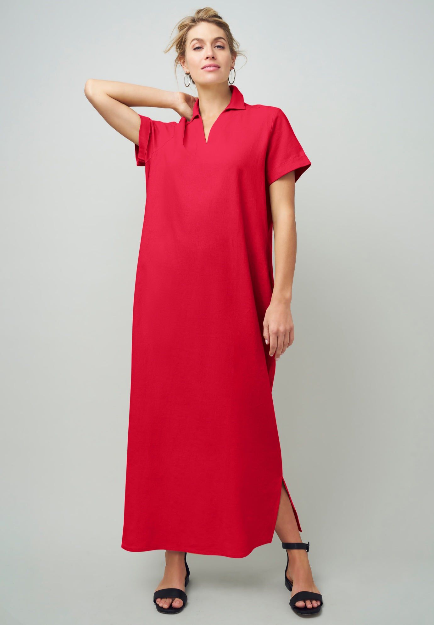 Linen Short Sleeve Maxi Dress, VIVID RED, hi-res image number 0