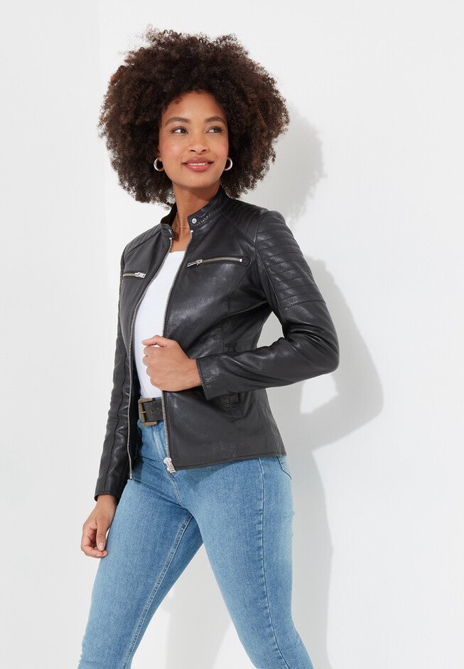 Leather Zip Biker Jacket, BLACK, alternate image number null