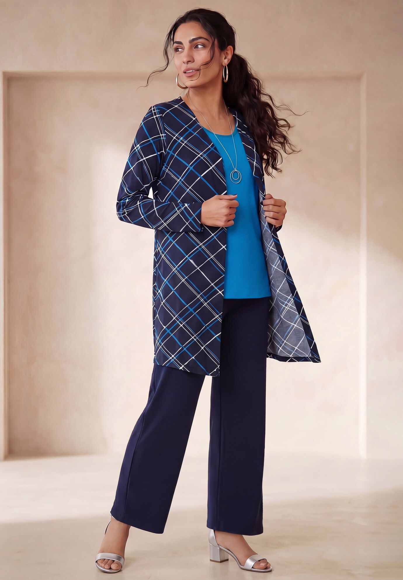 Everyday Stretch Knit Open Front Cardigan, NAVY BLUE BIAS STRIPE, hi-res image number 0