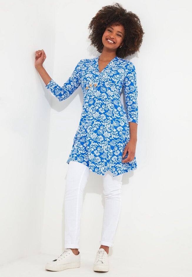 Stretch Knit Asymmetrical Tunic, BLUE DAMASK, alternate image number null