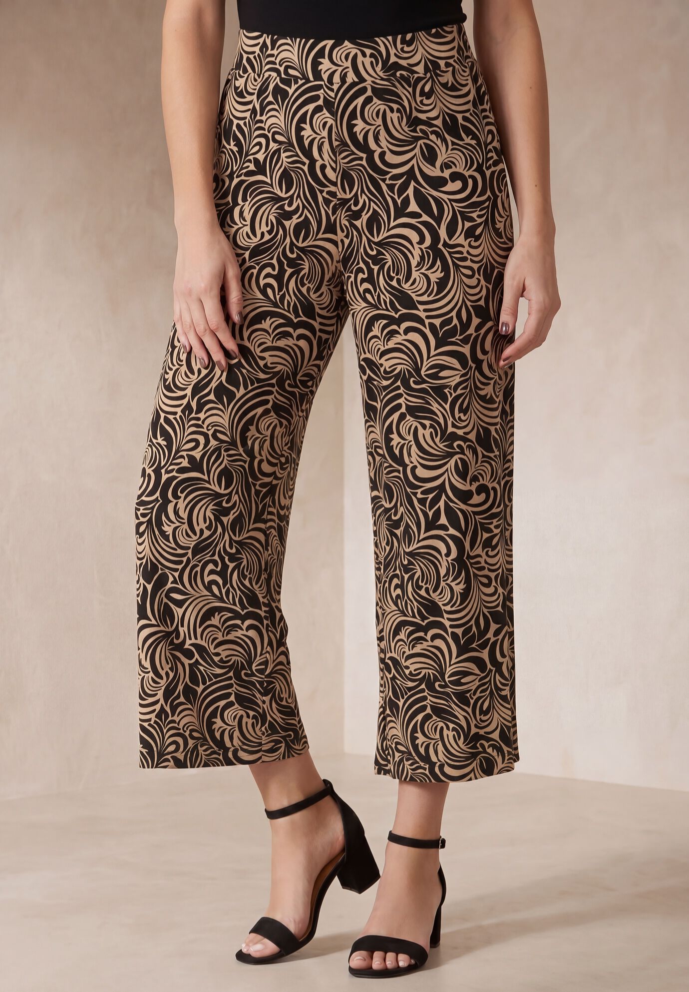 Everyday Stretch Knit Wide Leg Crop Pant, BLACK KHAKI SCROLL, hi-res image number 0