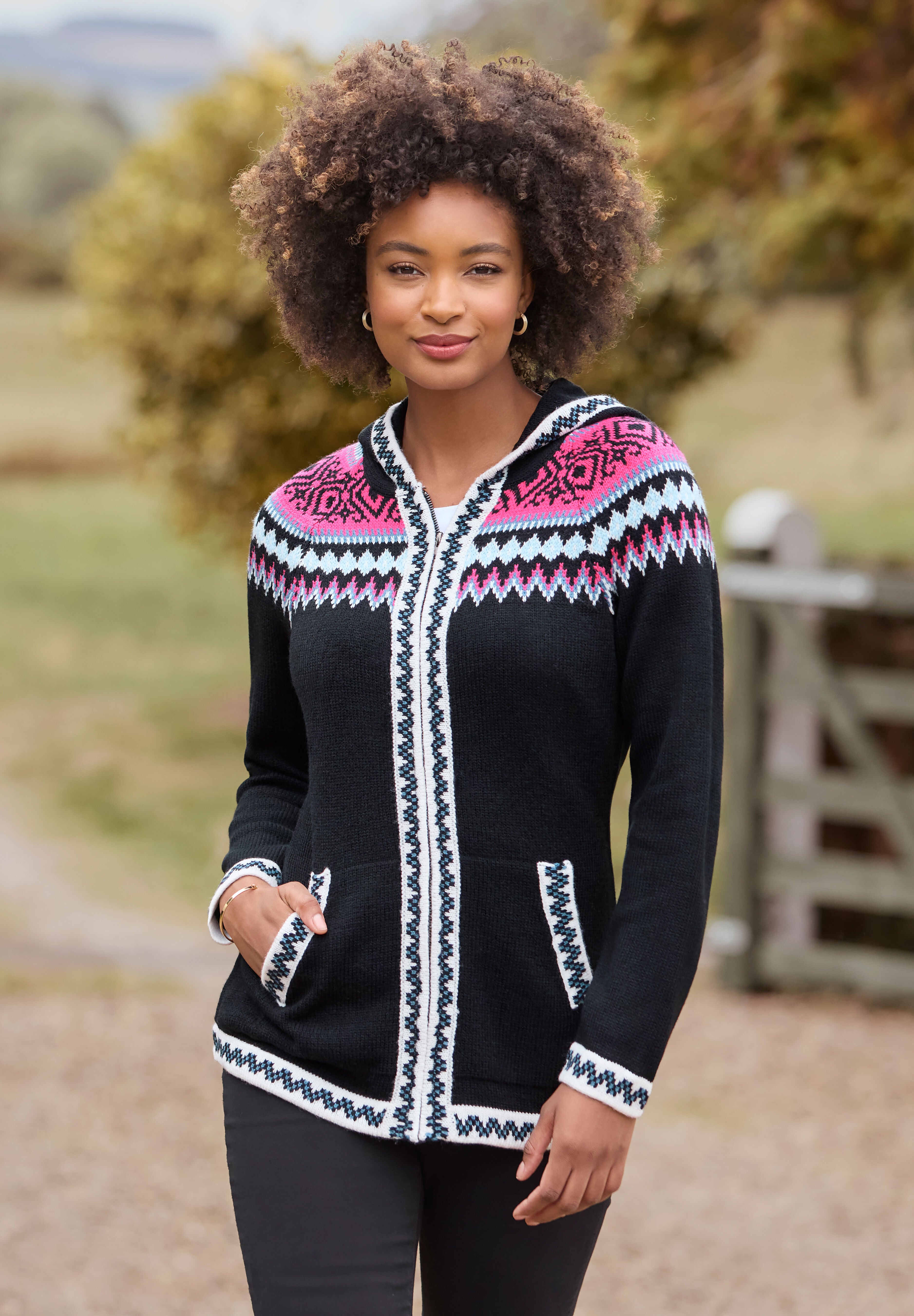 Fair Isle Drawstring V-Neck Zip Hoodie, BLACK FAIRISLE, hi-res image number 0