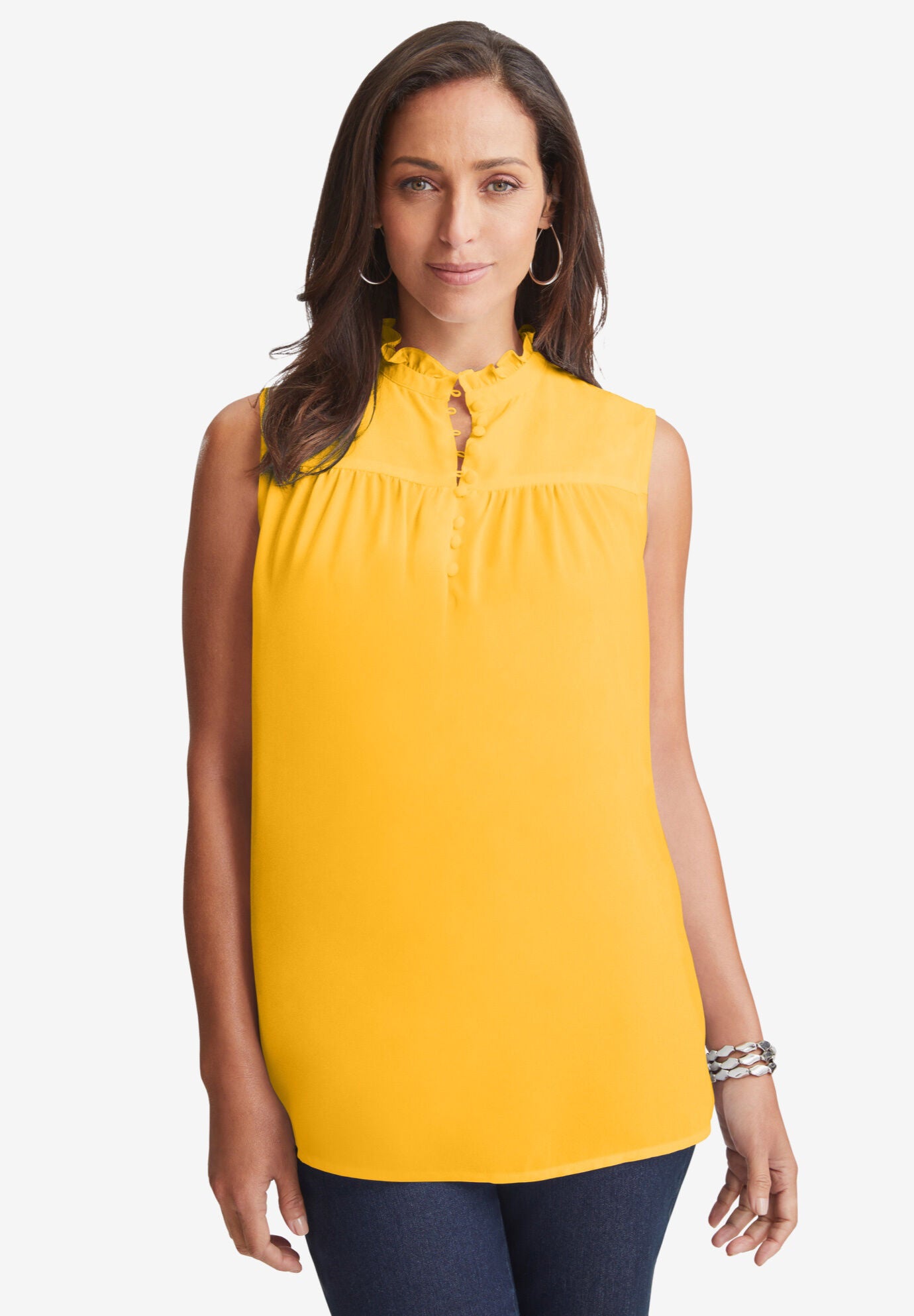 Sleeveless Button-Front Blouse, SUNSET YELLOW, hi-res image number 0