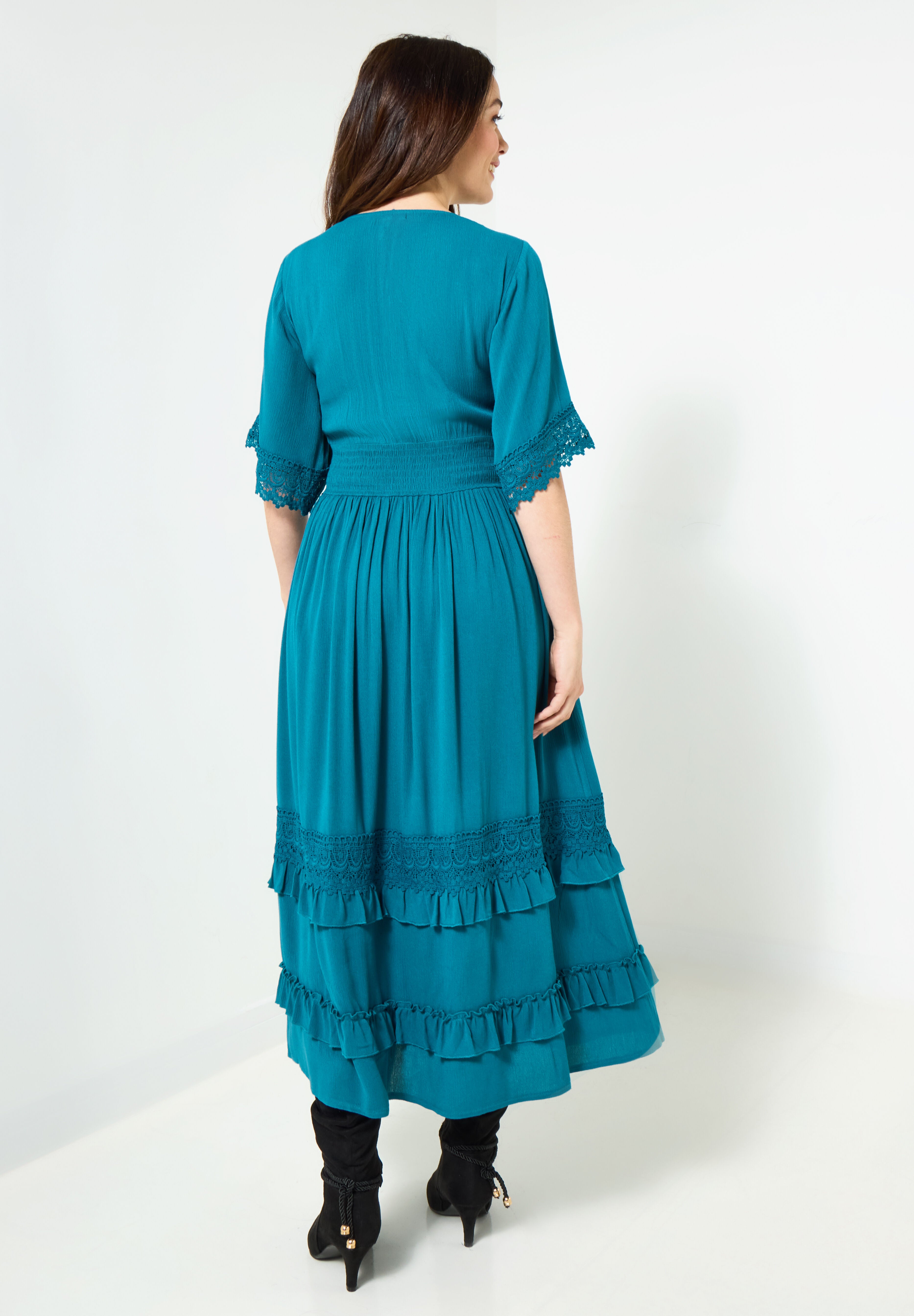 Crochet Trim Boho Midi Dress, TEAL, alternate image number 2