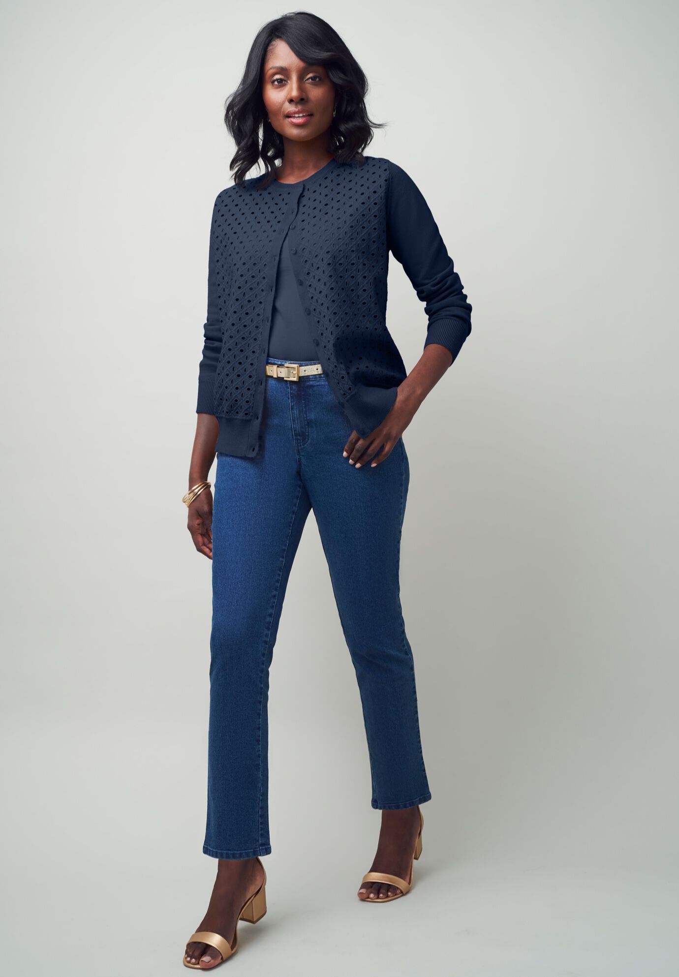 Fine Gauge Eyelet Cardigan, NAVY, on-hover image number 1