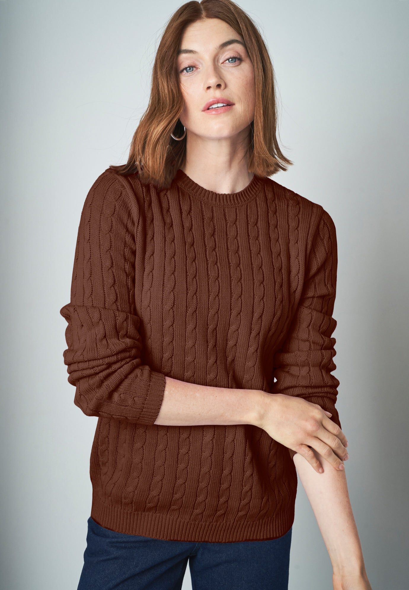 Cable Crewneck Sweater, RICH BROWN, hi-res image number 0