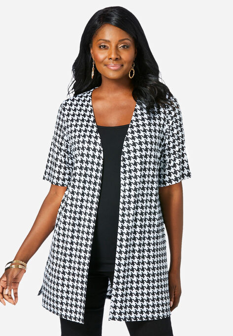Travel Knit Collarless Topper, WHITE HOUNDSTOOTH, hi-res image number null