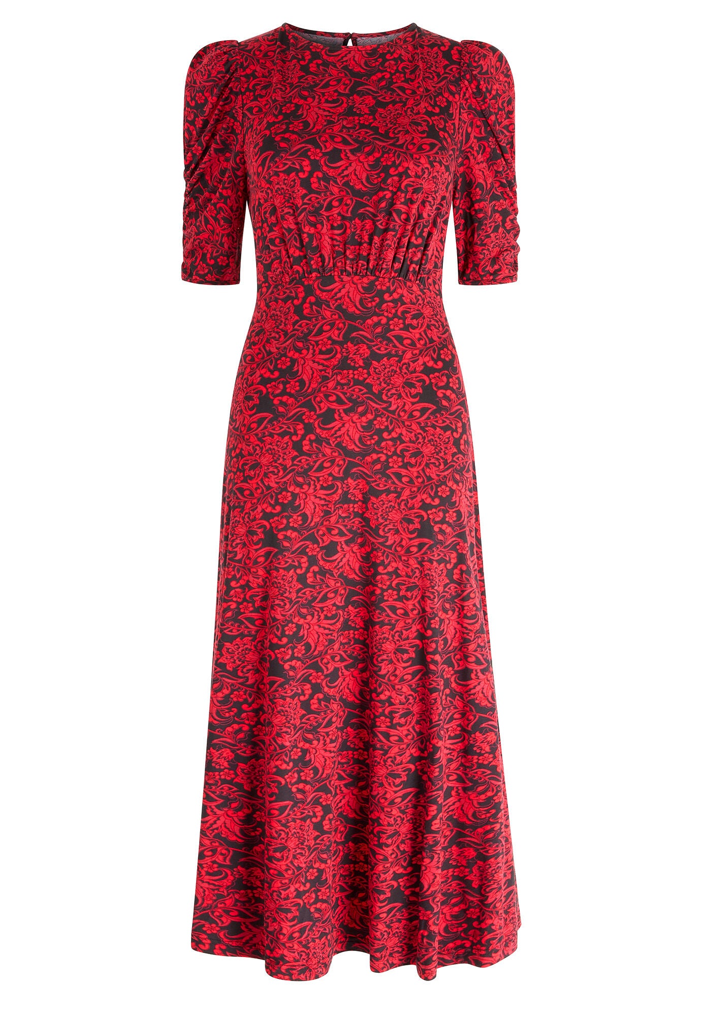 Puff Sleeve Midi Dress, RED SCROLL PAISLEY, alternate image number 4