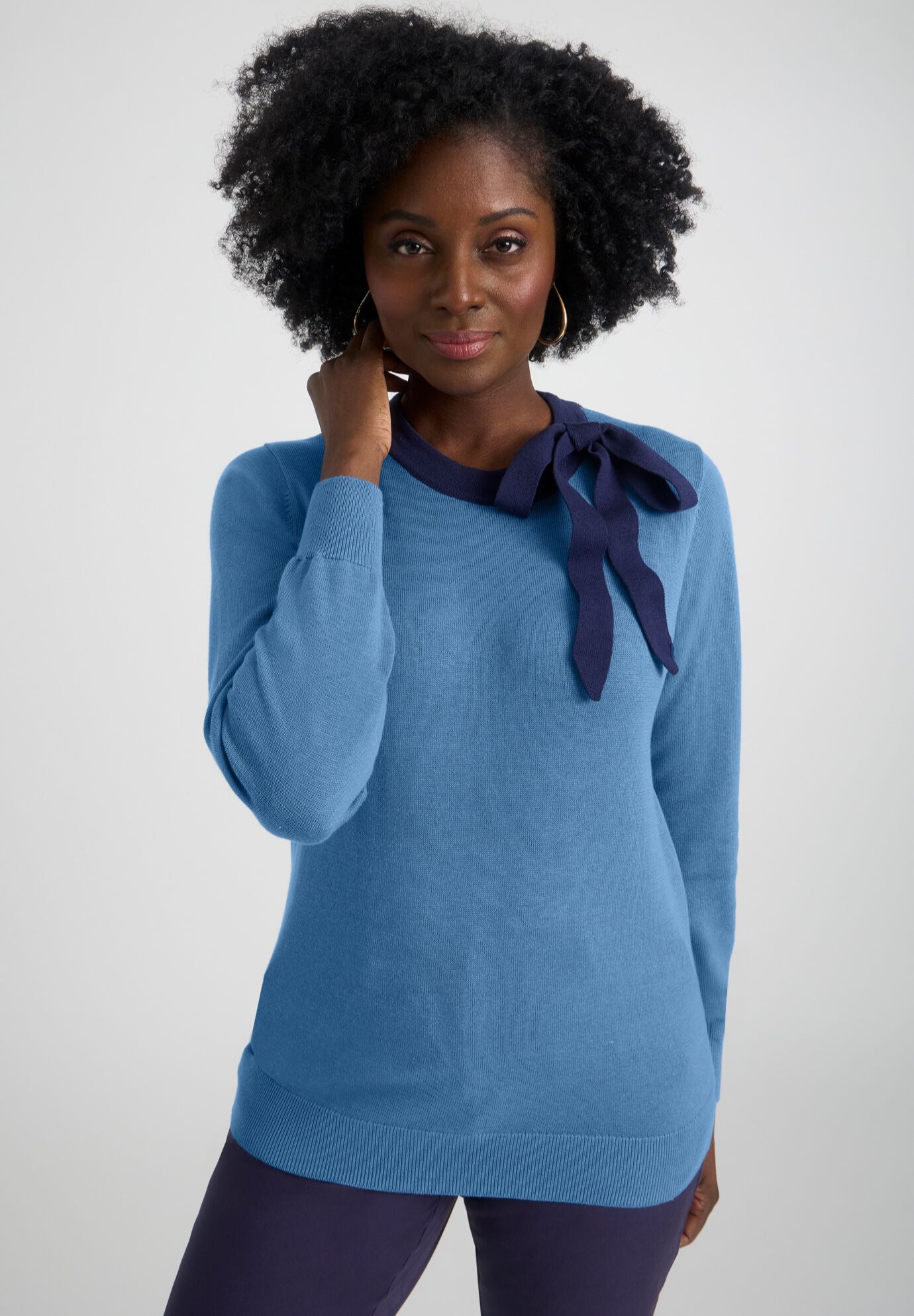 Tie-Neck Sweater, DUSTY INDIGO, on-hover image number 1