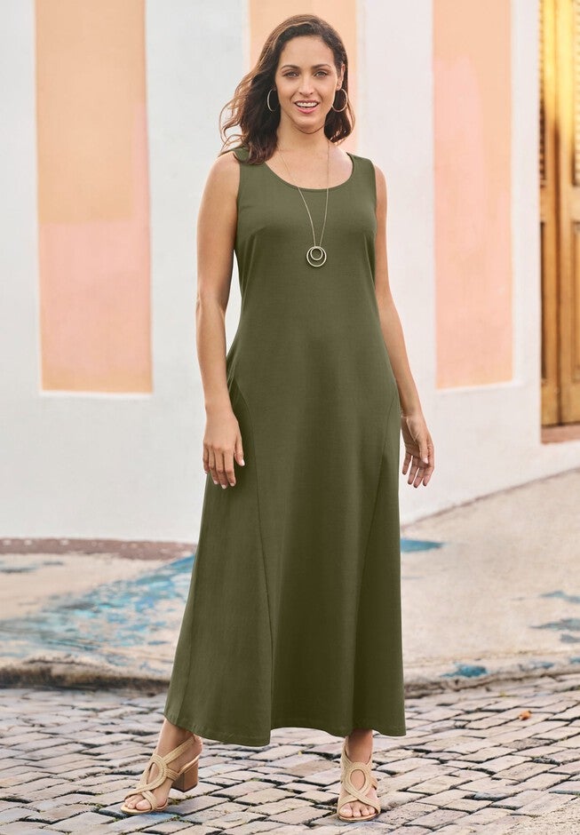 Stretch Cotton Tank Maxi Dress, DARK OLIVE GREEN, hi-res image number 0