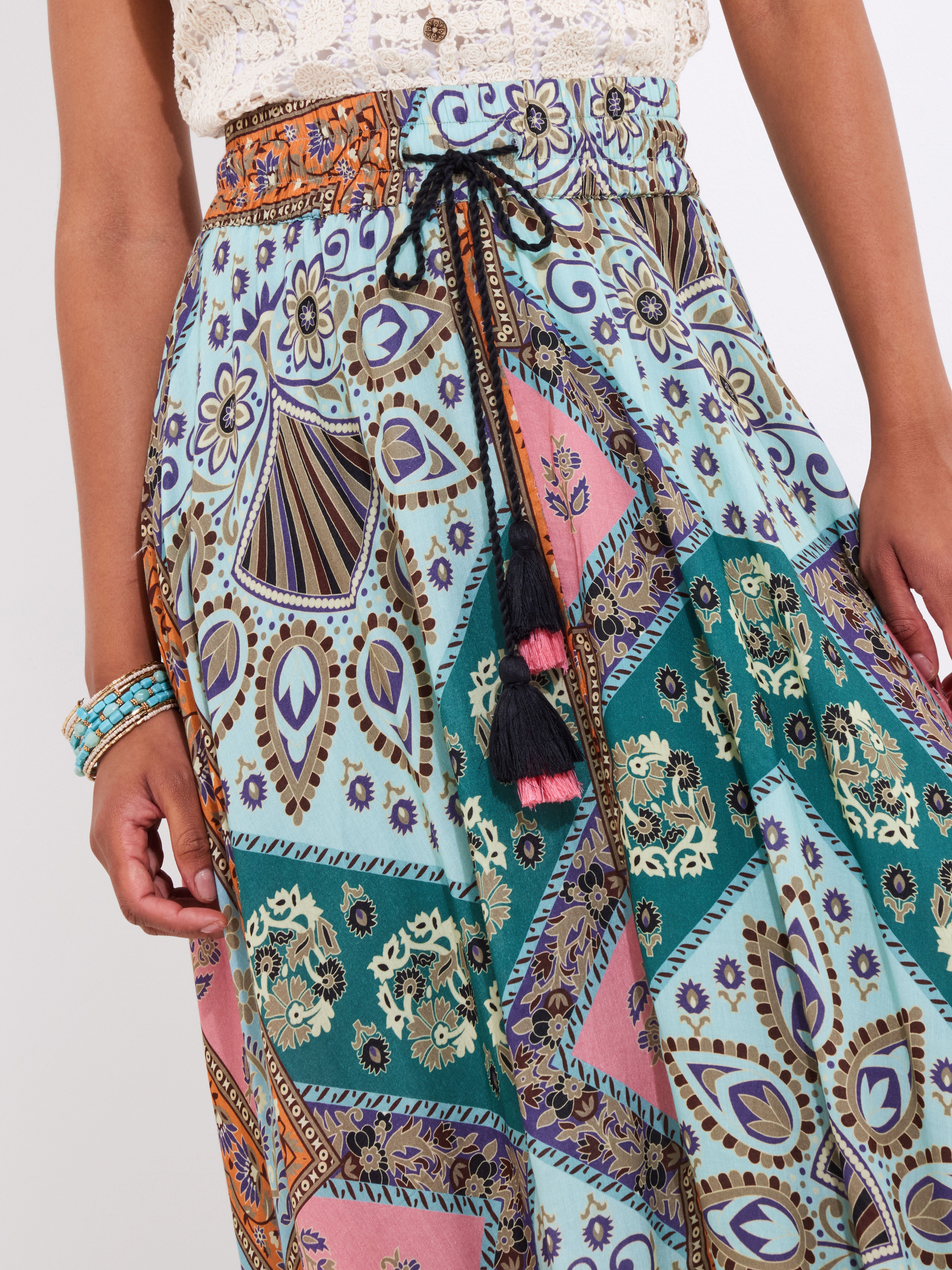 Flounce Tassel Maxi Skirt, MULTI PATCHWORK, on-hover image number 1