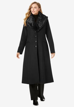 Long Wool-Blend Coat with Faux Fur Collar