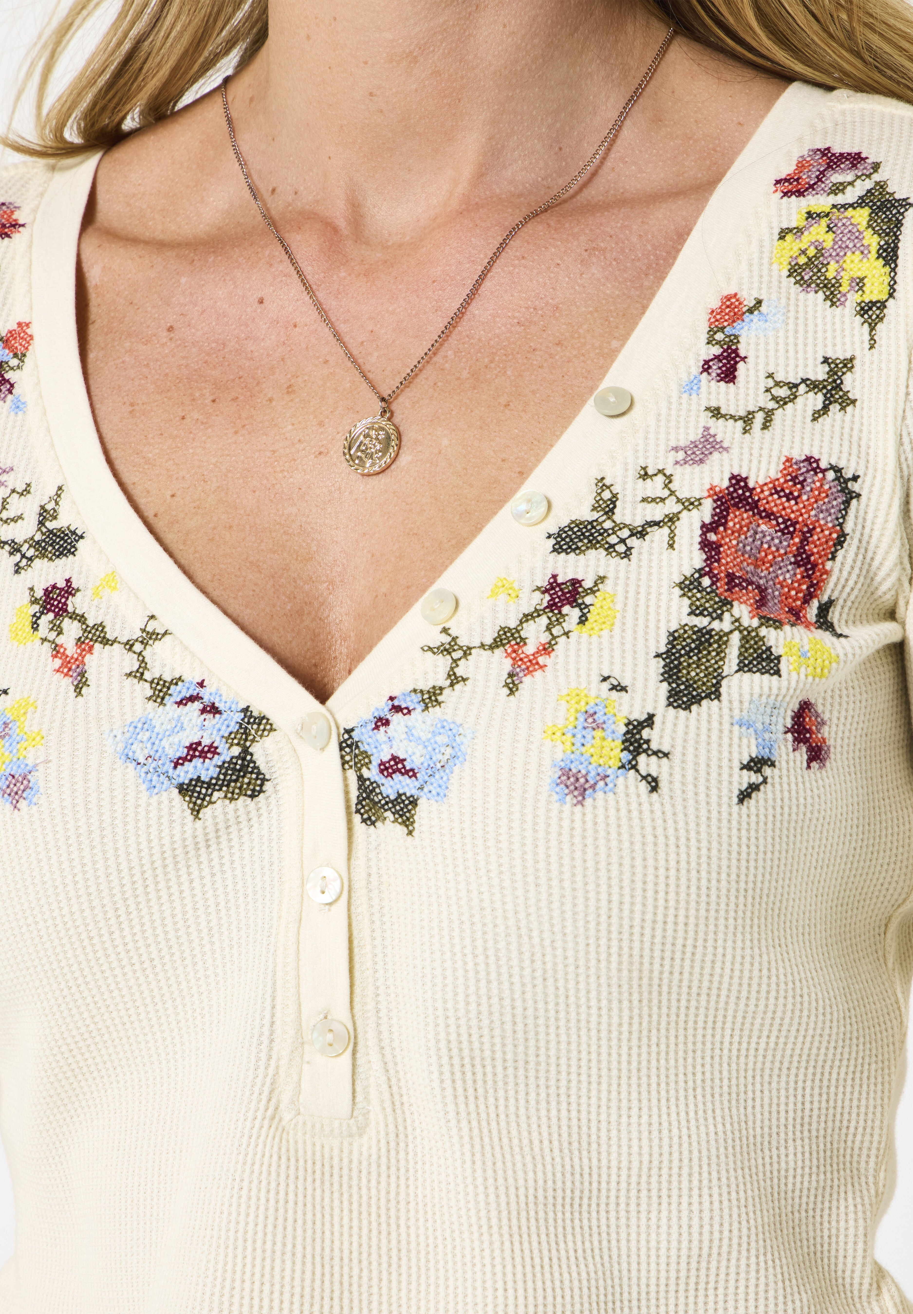 Stretch Cotton Henley Tee, CREAM FLORAL EMBROIDERY, alternate image number 2