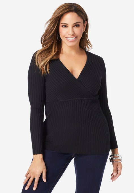 Surplice Ribbed Sweater, BLACK, hi-res image number null