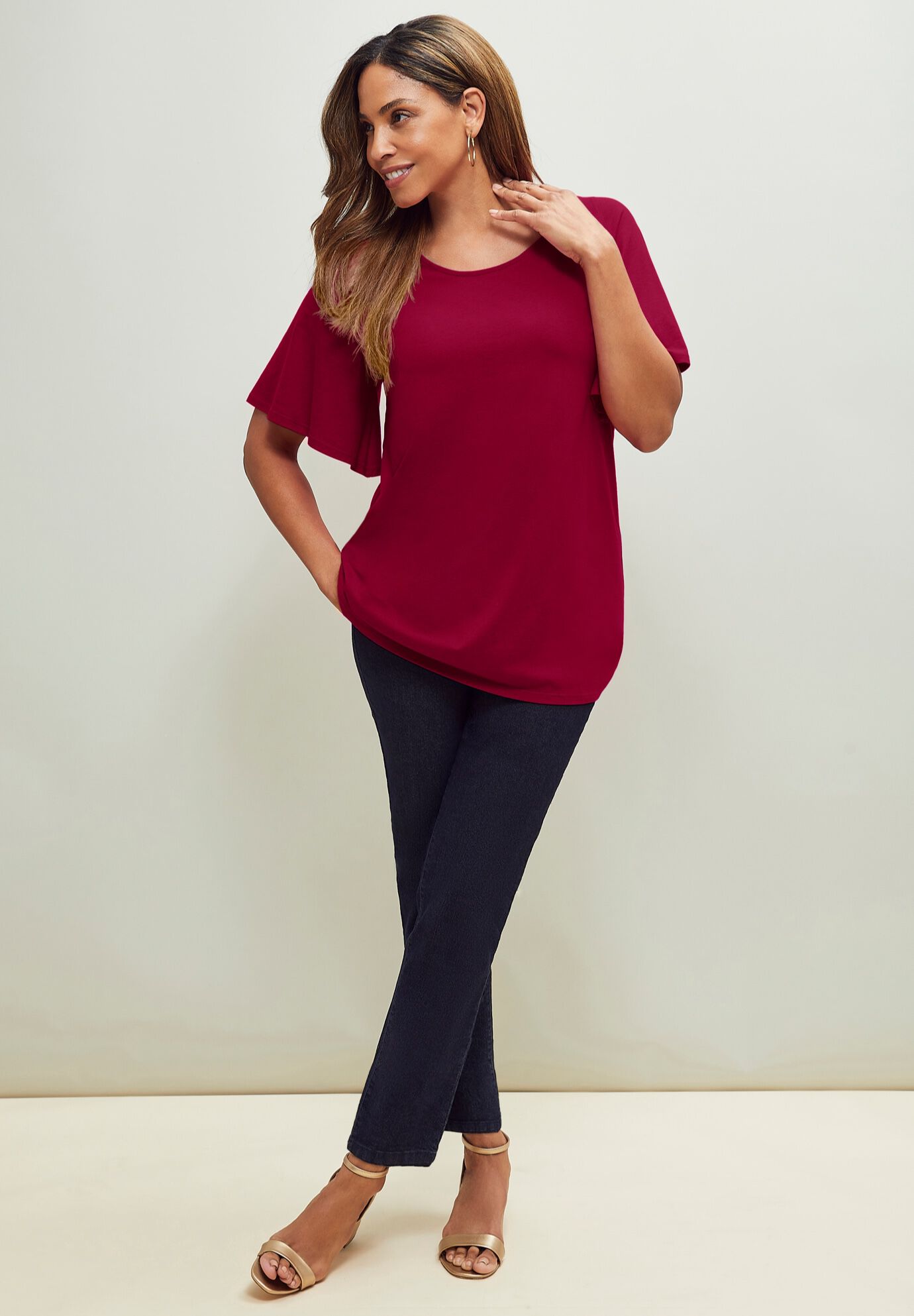 Stretch Knit Flutter Sleeve Tunic, RICH BURGUNDY, alternate image number 2