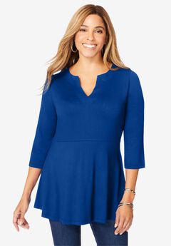 Stretch Knit Henley Notch Babydoll Tunic