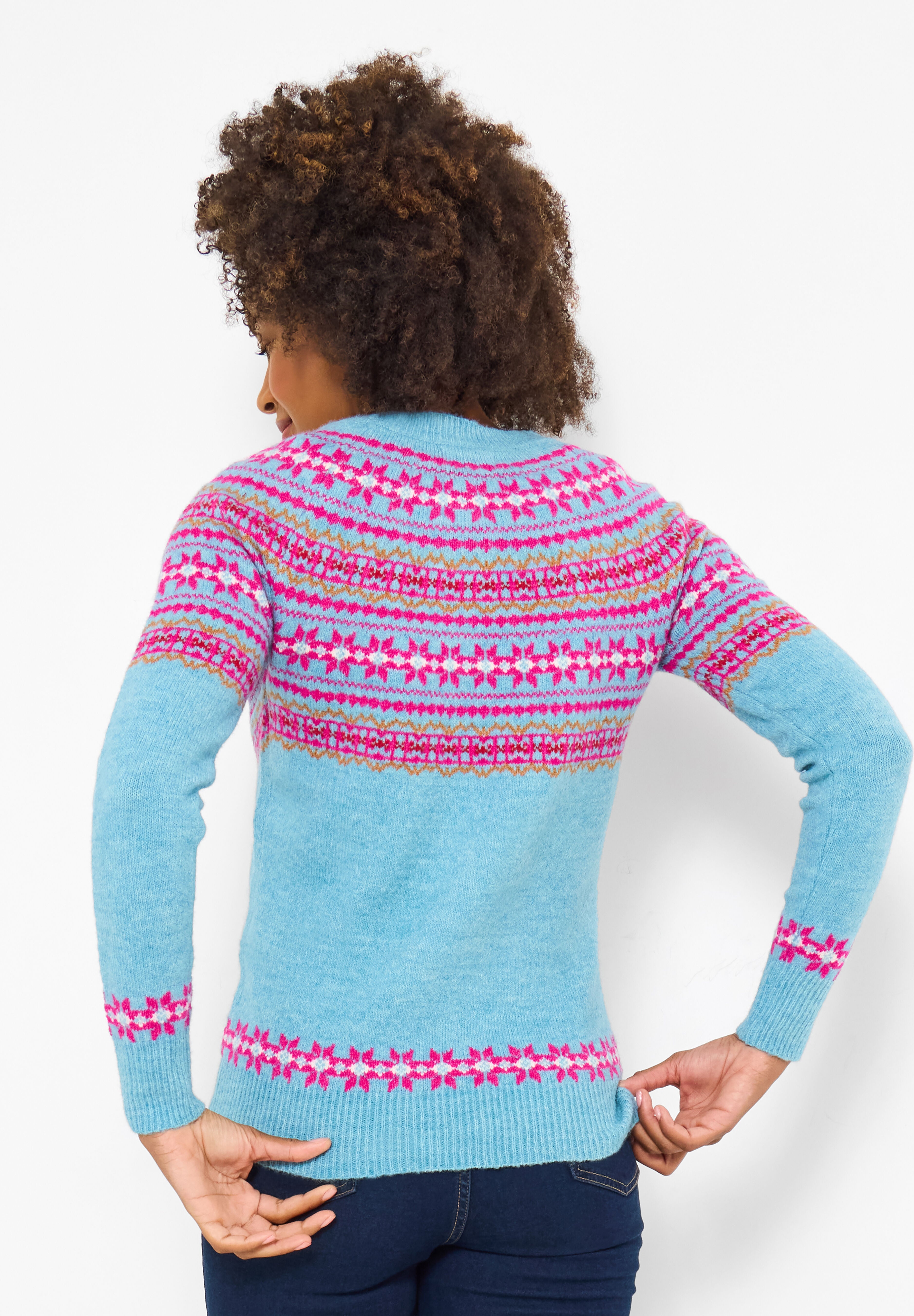 Fair Isle Rib Trim Crewneck Pullover, BLUE FAIRISLE, alternate image number 3
