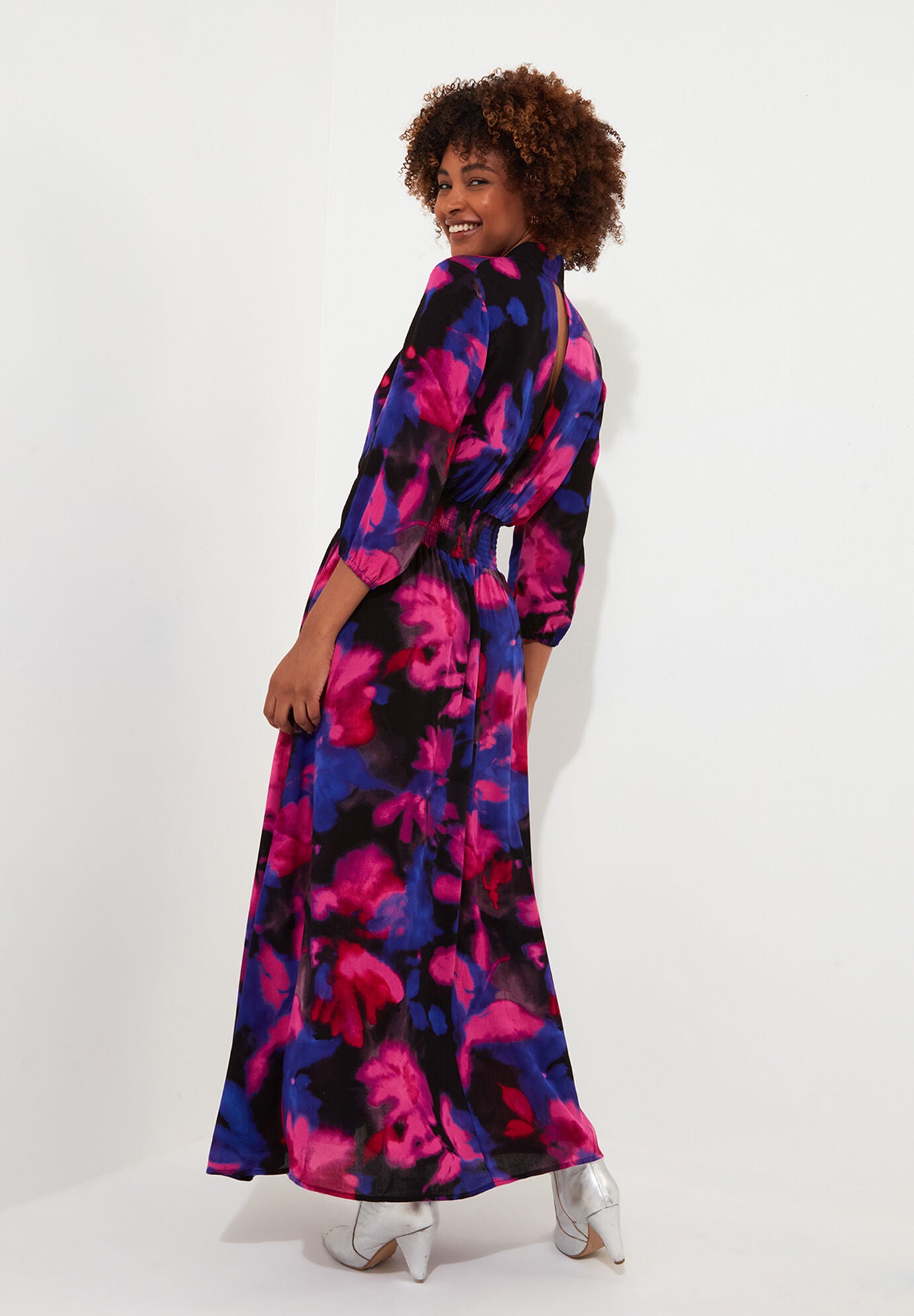 Tie Neck Printed Maxi Dress, WATERCOLOR FLORAL, alternate image number 3