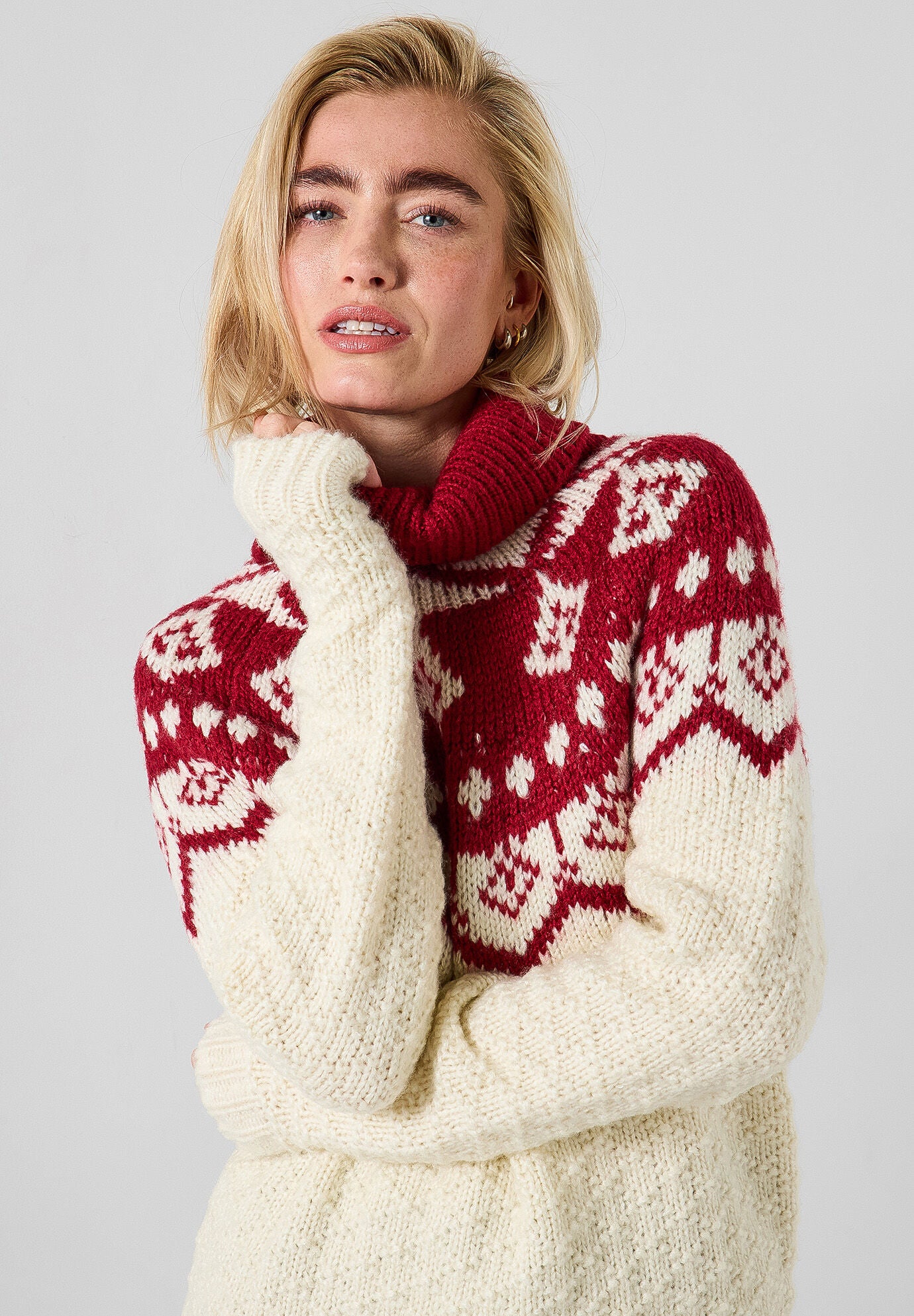 Festive Cowlneck Sweater, RED MEGA FAIRISLE, alternate image number 4