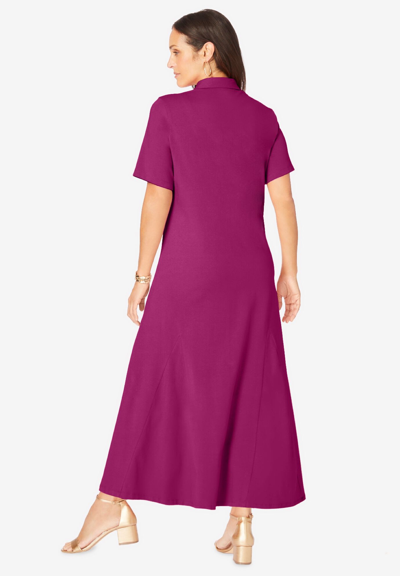 Stretch Cotton Button Front Maxi Dress, RASPBERRY, on-hover image number 1