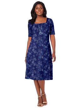 Stretch Cotton Square Neck Midi Dress