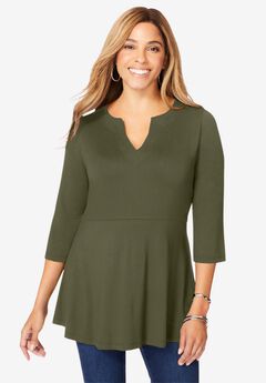 Stretch Knit Henley Notch Babydoll Tunic