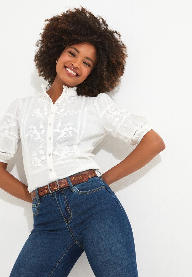 Lace Embroidered Blouse, WHITE, hi-res image number null