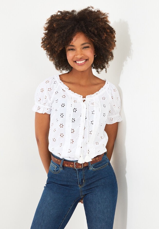 Eyelet Peasant Blouse, WHITE, hi-res image number null