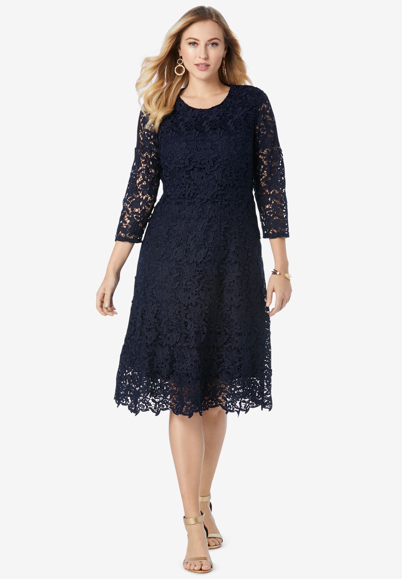 Navy lace fit hot sale and flare dress