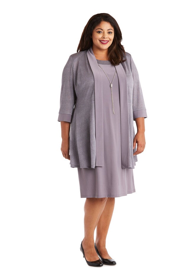 3/4 Sleeve Two Piece Jacket and Dress Set with Metallic Detail, Silver, hi-res image number null